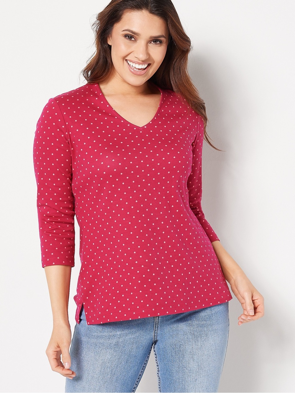Isaac Mizrahi Ruby Dot V-Neck Long Sleeve Top